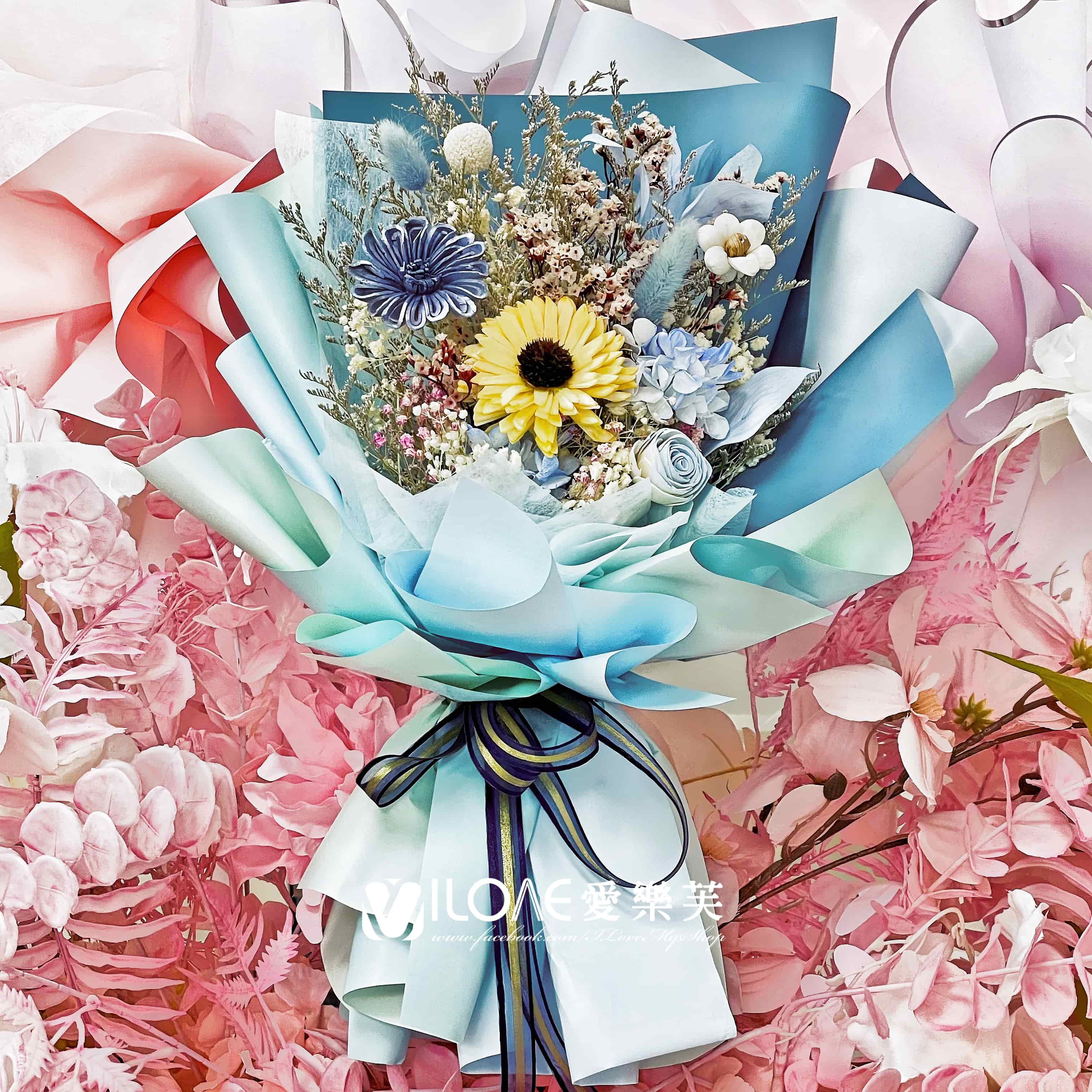 有錢花<br><span style="font-size: 20px;">(藍風向日暖陽花束)</span>